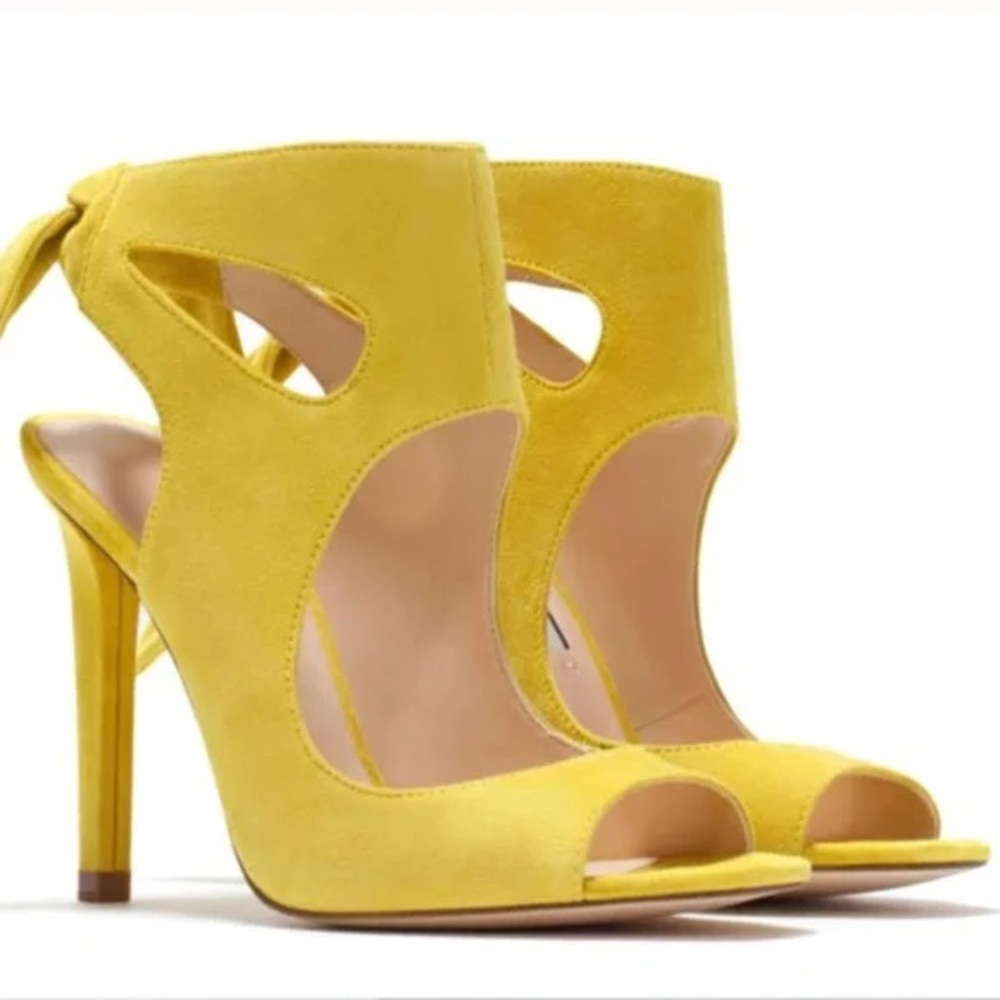 Zara Yellow Woman Neon Suede Tie Back Heels Size 6 Pumps